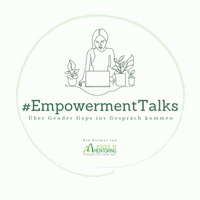 Grüner Kreis, darin ist die Illustration einer Frau vor einem Laptop. Darunter der Schriftzug "#EmpowermentTalks: Über Gender Gaps ins Gespräch kommen". Darunter das Logo von Kirche im Mentoring