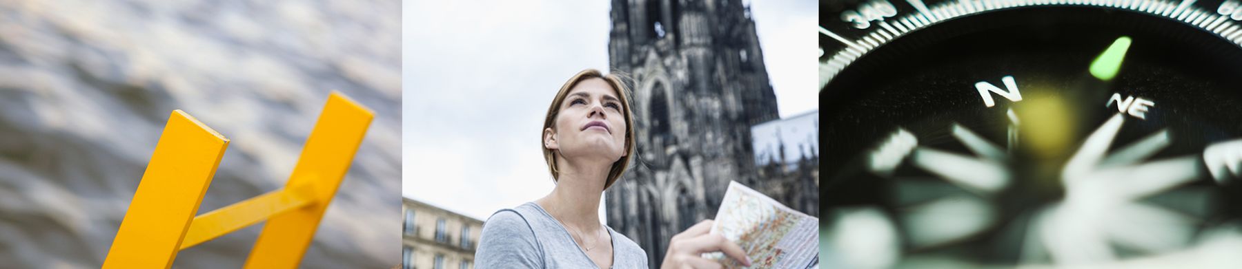 Drei Symbolbilder für Kirche im Mentoring: Eine Leiter, eine junge Frau, die mit einer Wegkarte vor einer Kirche steht und ein Kompass.