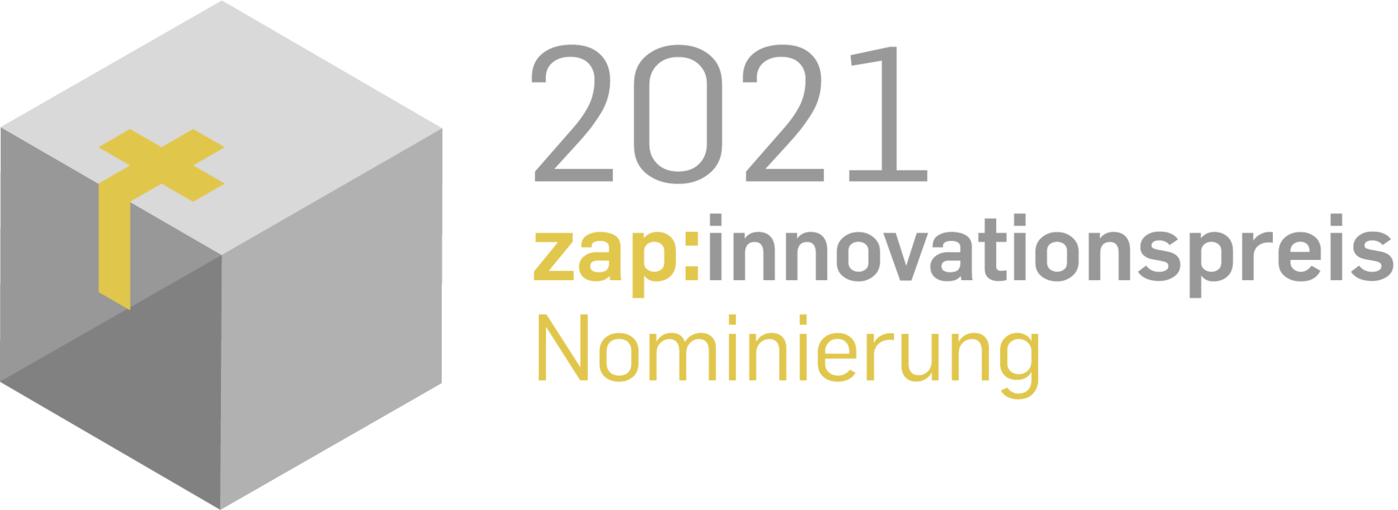 Das Logo "2021 zap-innovationspreis Nominierung" zeigt den Preis: einen Betonwürfel, in den ein vergoldetes Holzkreuz eingelassen ist.